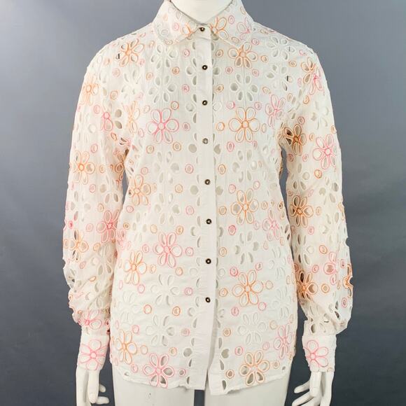 RAMY BROOK Size XL White Pink Orange Cotton Cut Out Button Up Casual Top - Picture 1 of 10